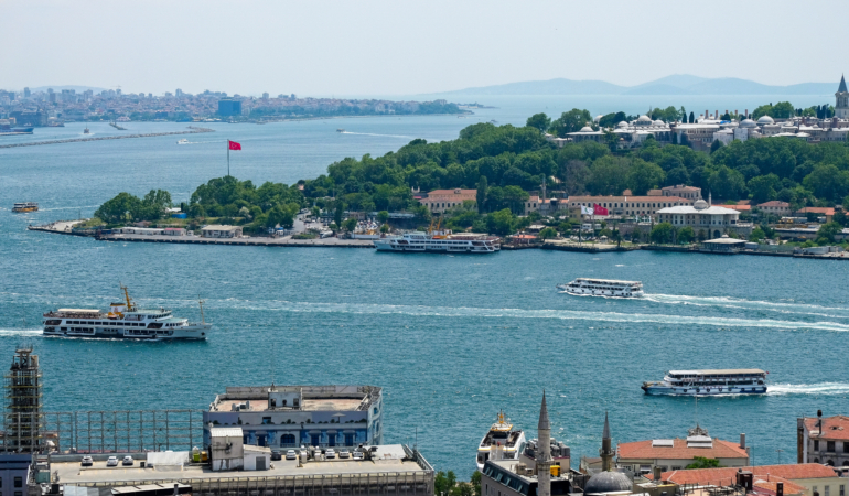 ISTANBUL, TURKEY - MAY 24 : View of buildings along the Bosphorus in Istanbul Turkey on May 24, 2018