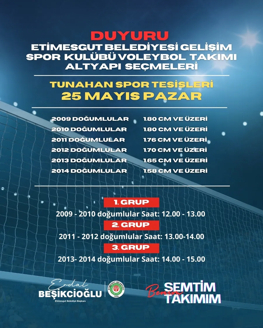 Etimesgut Belediyesi’nden Geleceğin Voleybolcularına Çağrı! Altyapı Seçmeleri Başladı 1 Etimesgut Belediyesi’nden Geleceğin Voleybolcularına Çağrı! Altyapı Seçmeleri Başladı 1