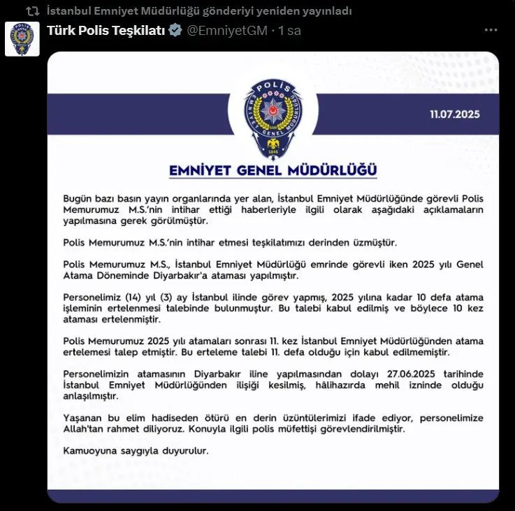 İstanbul Emniyeti’nde Görevli Polis Memuru İntihar Etti: EGM'den Açıklama Geldi 1 İstanbul Emniyeti’nde Görevli Polis Memuru İntihar Etti: EGM'den Açıklama Geldi 1