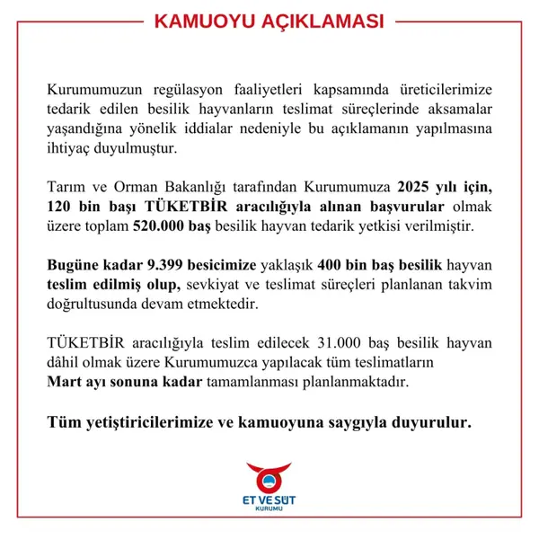 Et ve Süt Kurumu'ndan Açıklama: Mart Sonuna Kadar Tamamlanacak 1 Et ve Süt Kurumu'ndan Açıklama: Mart Sonuna Kadar Tamamlanacak 1