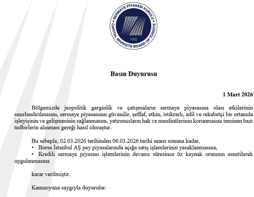 SPK'dan Borsa İstanbul'a Yönelik Yeni Tedbirler: Açığa Satışa Geçici Yasak 1 SPK'dan Borsa İstanbul'a Yönelik Yeni Tedbirler: Açığa Satışa Geçici Yasak 1