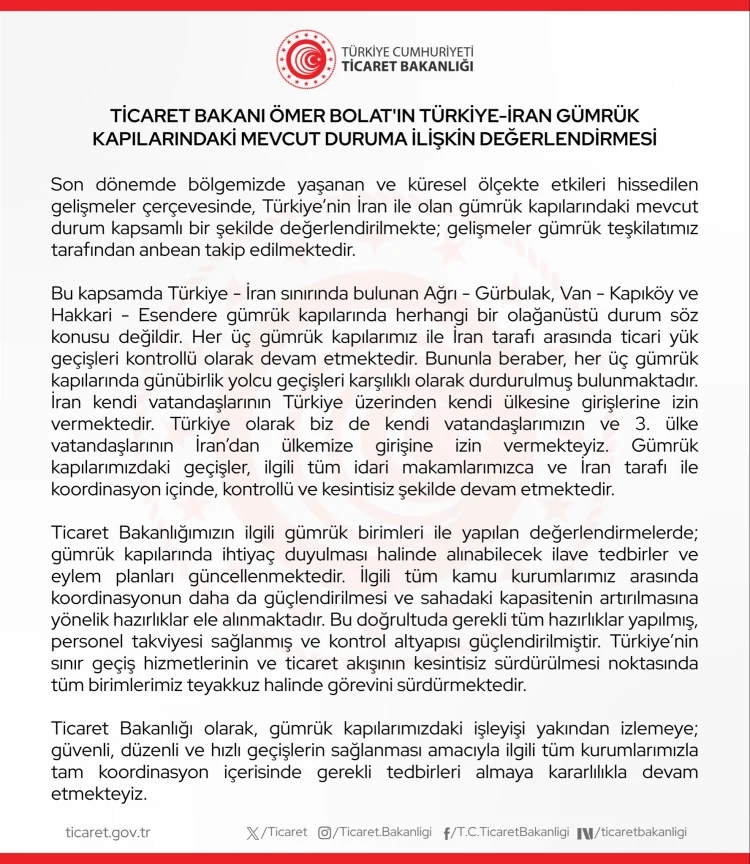 Türkiye - İran Sınır Kapılarında Durum Nasıl? Bakanlık Açıkladı: Ticari Geçişler Kontrollü Sürüyor 1 Türkiye - İran Sınır Kapılarında Durum Nasıl? Bakanlık Açıkladı: Ticari Geçişler Kontrollü Sürüyor 1
