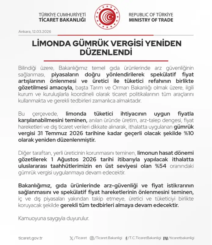 Limon İthalatında Gümrük Vergisi Geçici Olarak Düşürüldü 2
