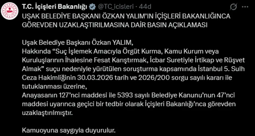 Uşak Belediye Başkanı Özkan Yalım Görevden Uzaklaştırıldı 1