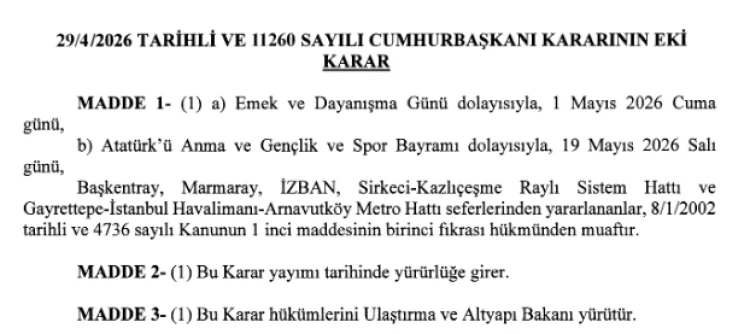 1 Mayıs ve 19 Mayıs'ta Bazı Raylı Sistem Hatları Ücretsiz Olacak 1 1 Mayıs ve 19 Mayıs'ta Bazı Raylı Sistem Hatları Ücretsiz Olacak 1