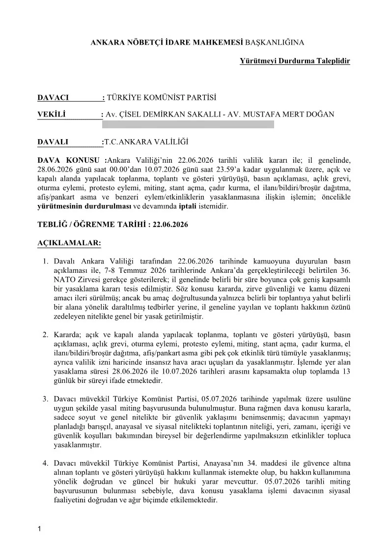 TKP, Ankara Valiliği'nin Toplanma Yasağına Dava Açtı 1 TKP, Ankara Valiliği'nin Toplanma Yasağına Dava Açtı 1